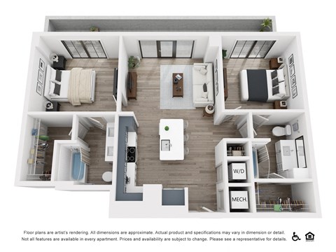 Floor plan for 2 beds, 2 baths, 988 sqft